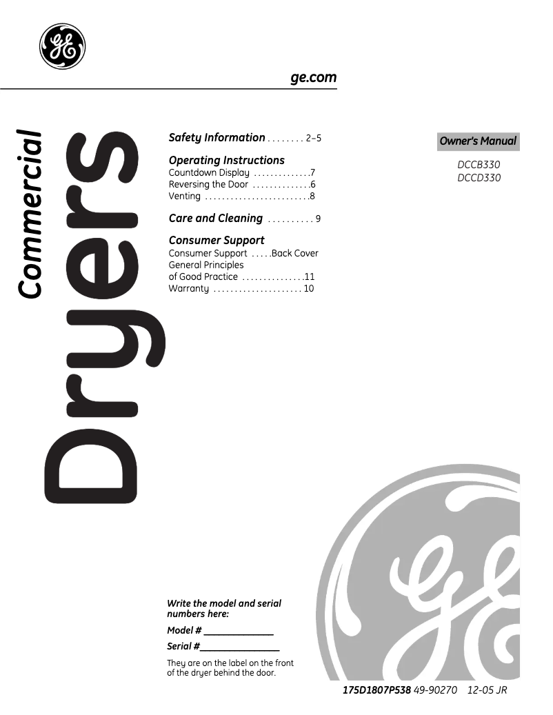 Page n°1 - Manuel d'utilisation et d'entretien GE DCCD330EDKC