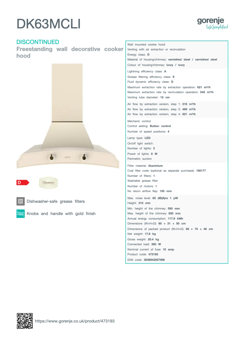 Page 1 de la notice Fiche technique Gorenje DK63MCLI