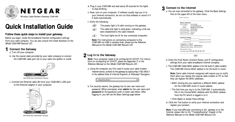 Page n°1 - Guide d'installation Netgear CG814M