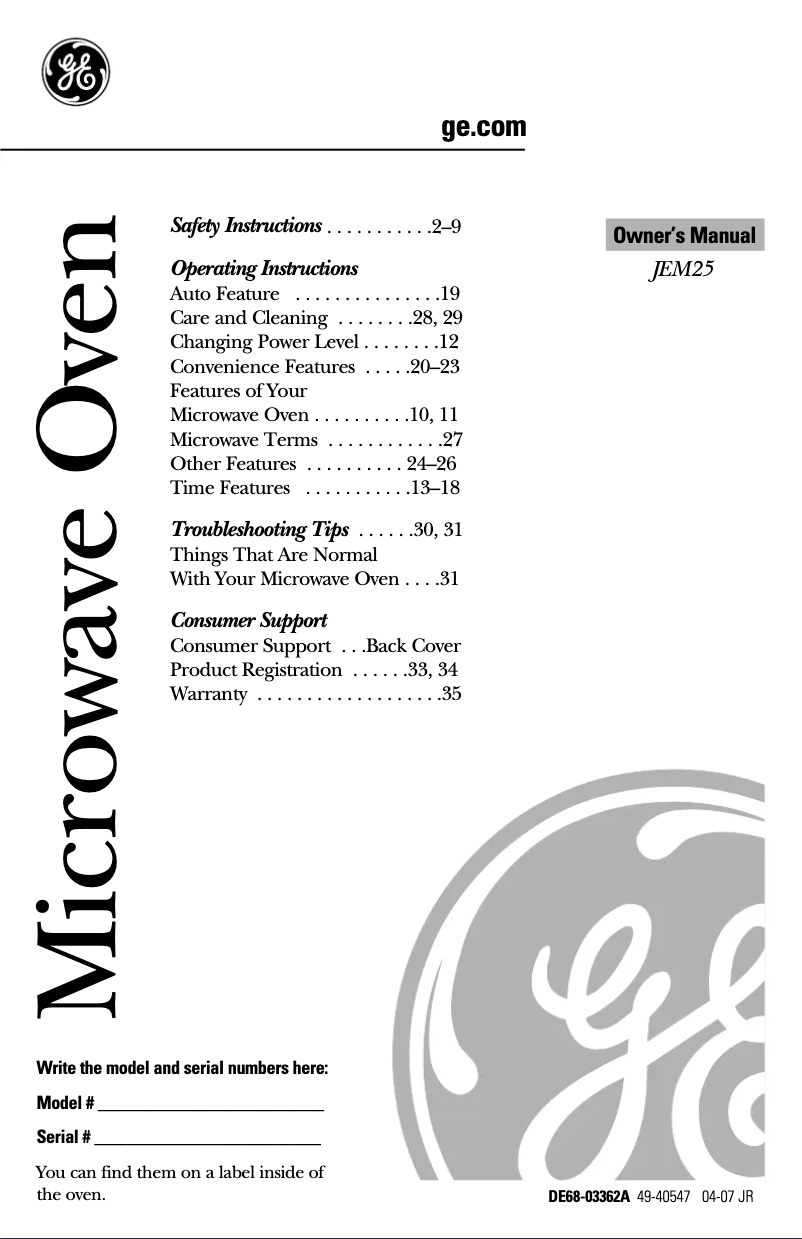 Page n°1 - Manuel utilisateur GE JEM25WY