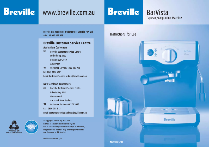 Page n°1 - Manuel utilisateur Breville BarVista BES200