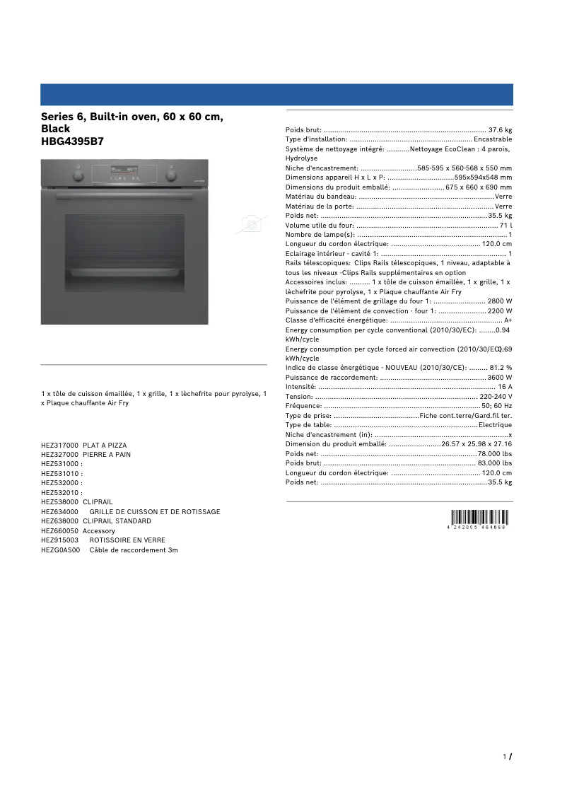 Page 1 de la notice Fiche technique Bosch HBG4395B7