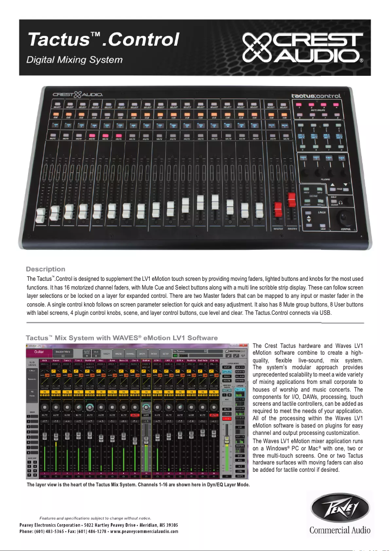 Page 1 de la notice Fiche technique Crest Audio Tactus Control Surface