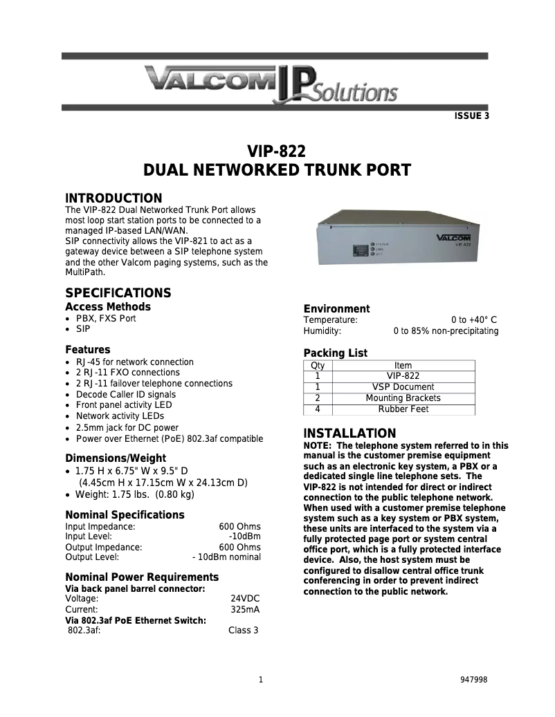 Page 1 de la notice Manuel utilisateur Valcom VIP-822