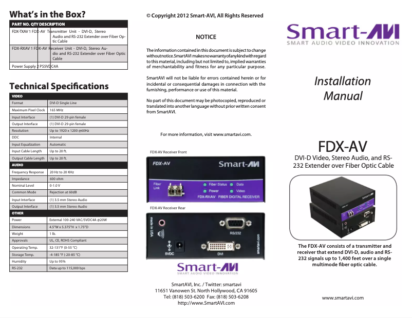 Page 1 de la notice Manuel utilisateur Smart-AVI FDX-AVS