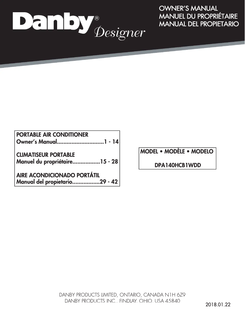 Page 1 de la notice Manuel utilisateur Danby DPA140HCB1WDD