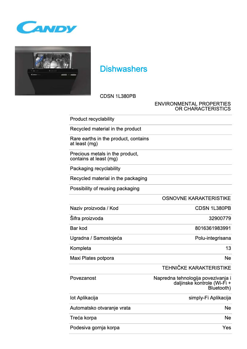 Page 1 de la notice Fiche technique Candy CDSN 1L380PB