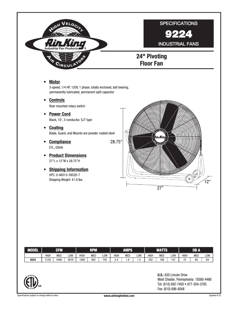 Page 1 de la notice Fiche technique Air King 9224