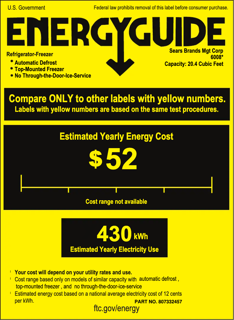 Page 1 de la notice Label énergétique Kenmore 60087