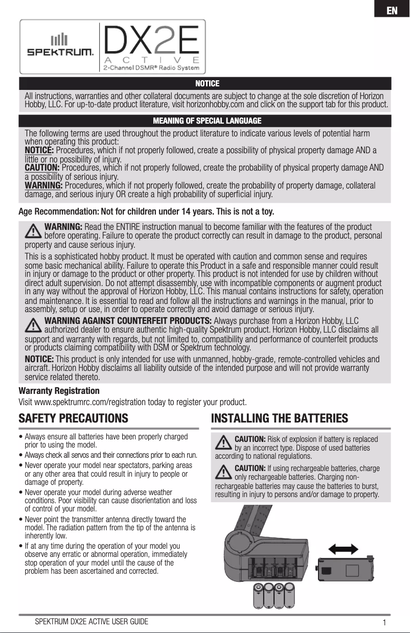 Page 1 de la notice Manuel utilisateur Spektrum DX2E Active