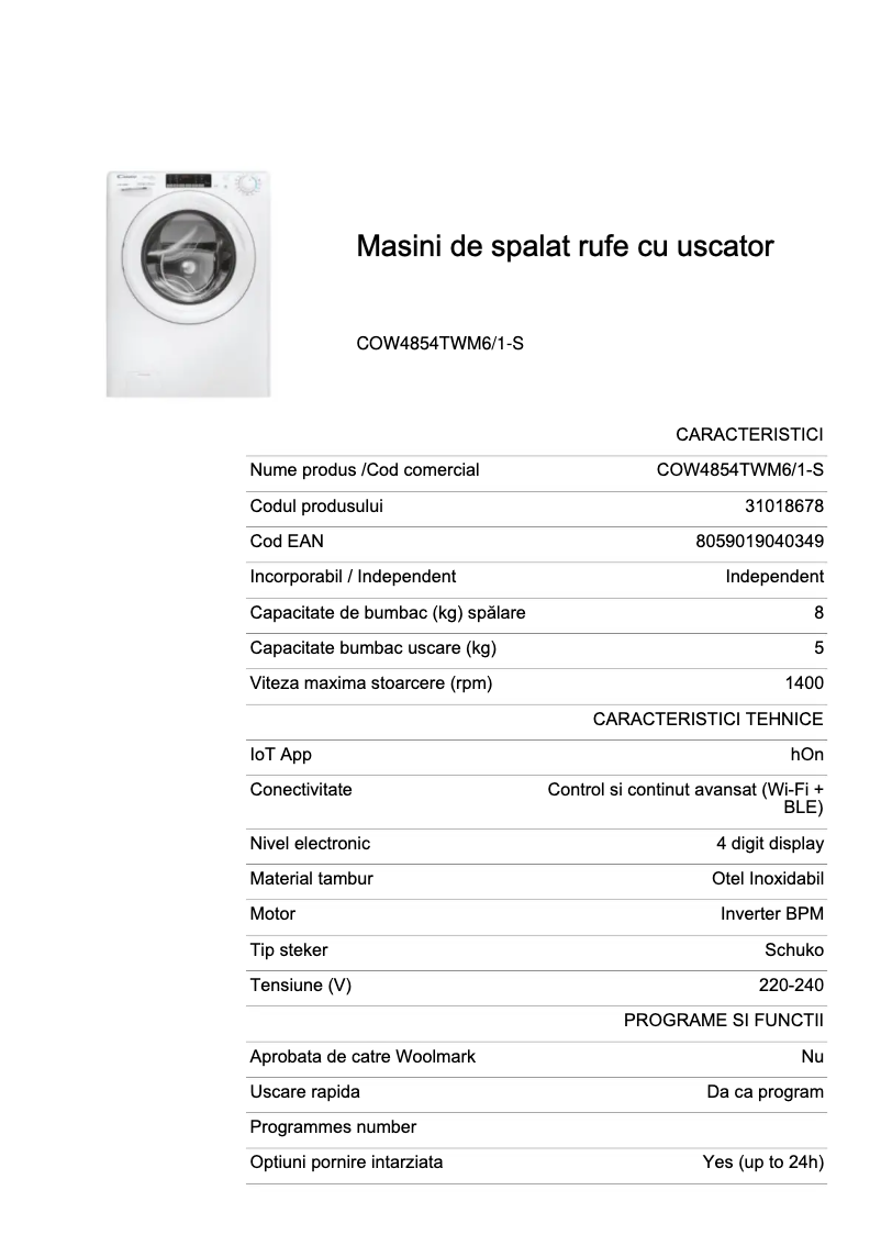 Page 1 de la notice Fiche technique Candy COW4854TWM6/1-S