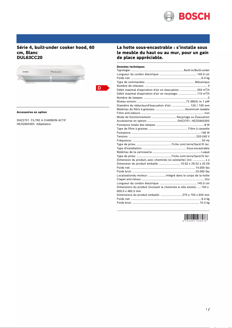 Page n°1 - Fiche technique Bosch DUL63CC20