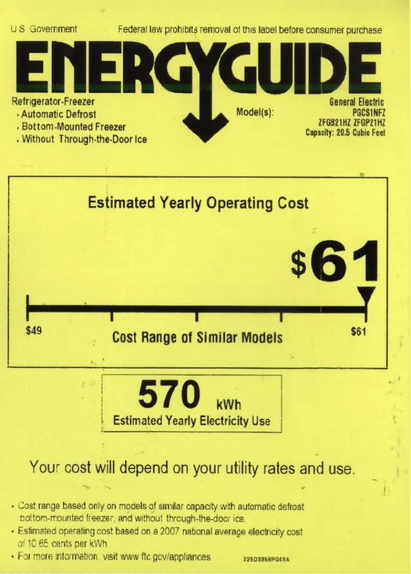 Page 1 de la notice Label énergétique GE PGCS1NFZSS