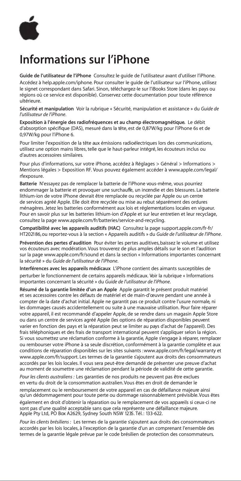 Page 1 de la notice Manuel utilisateur Apple iPhone 6
