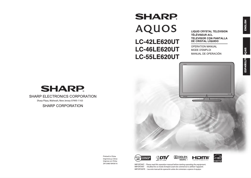 Page 1 de la notice Manuel utilisateur Sharp Aquos LC-55LE620UT