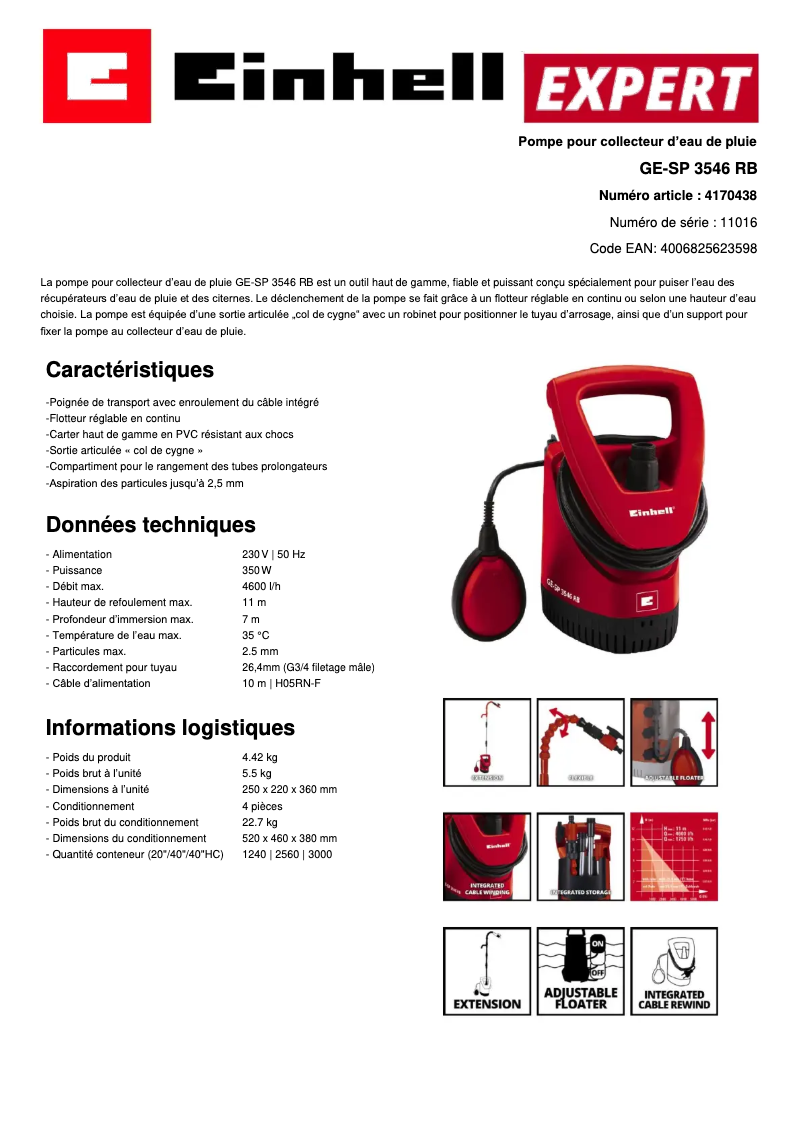 Page 1 de la notice Fiche technique Einhell GE-SP 3546 RB