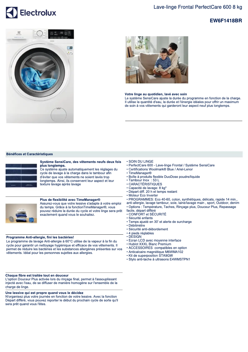 Page 1 de la notice Fiche technique Electrolux EW6F1418BR