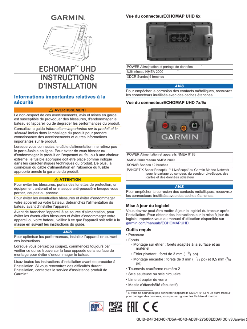 Page 1 de la notice Guide d'installation Garmin ECHOMAP UHD 62cv