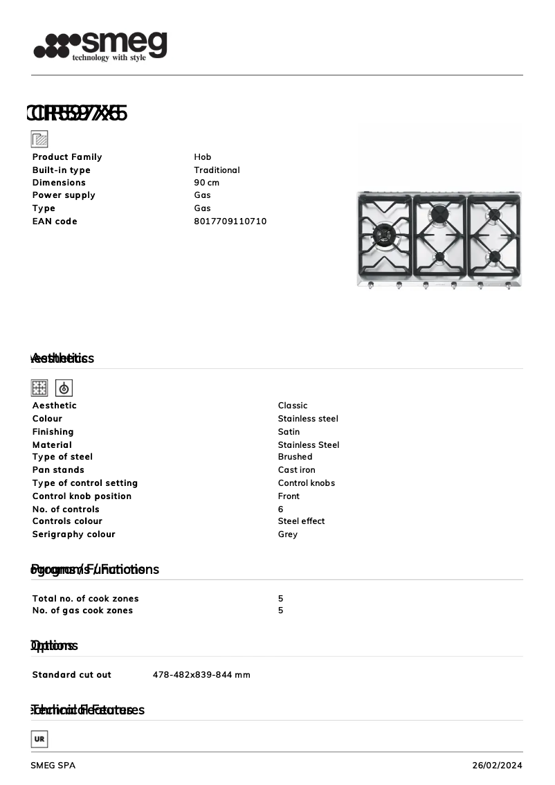 Page 1 de la notice Fiche technique Smeg CIR597X5