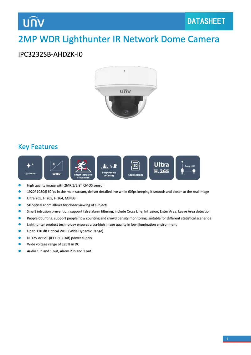 Page 1 de la notice Fiche technique UniView IPC3232SB-AHDZK-I0