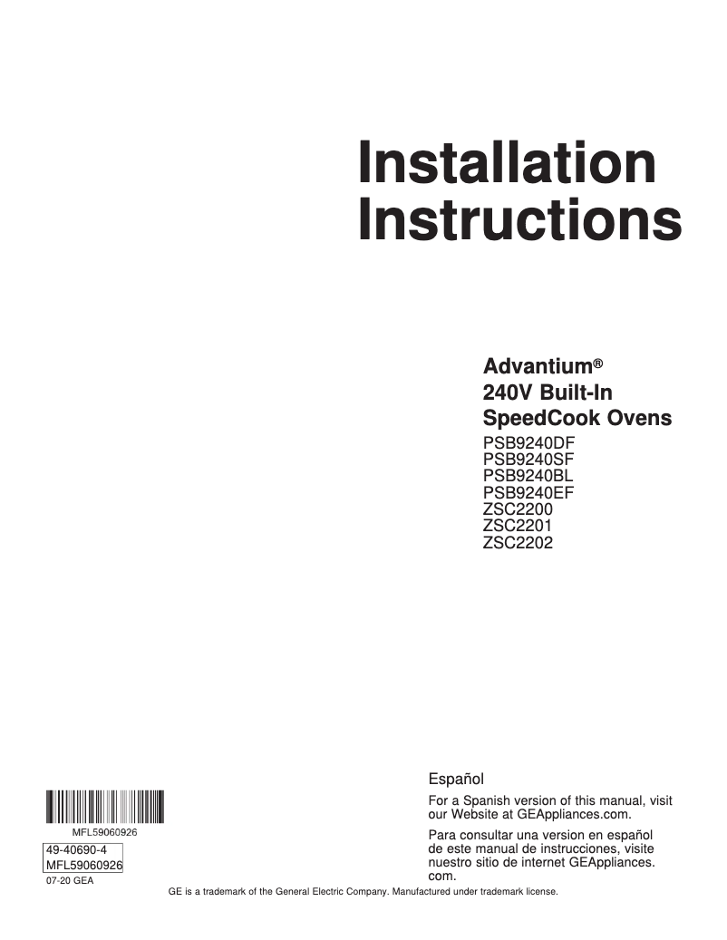 Page n°1 - Guide d'installation GE PSB9240EFES