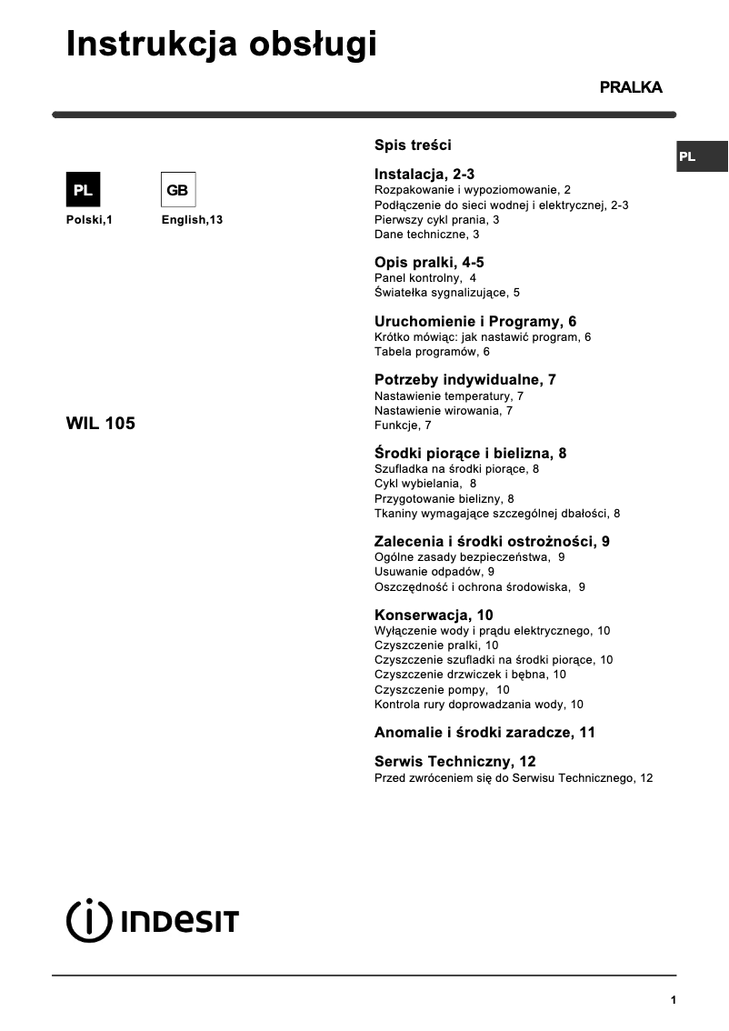 Page n°1 - Manuel utilisateur Indesit WIL 105 (PL) (TE)