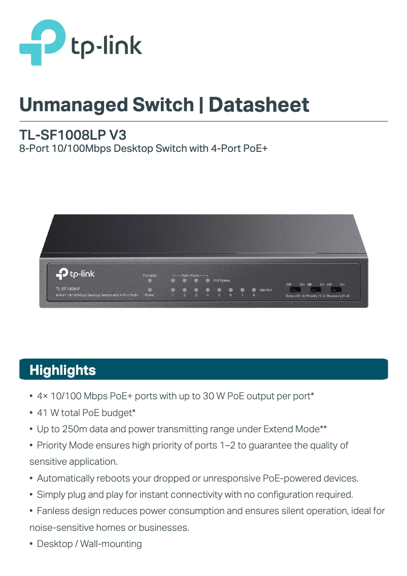 Page 1 de la notice Fiche technique TP-Link TL-SF1008LP