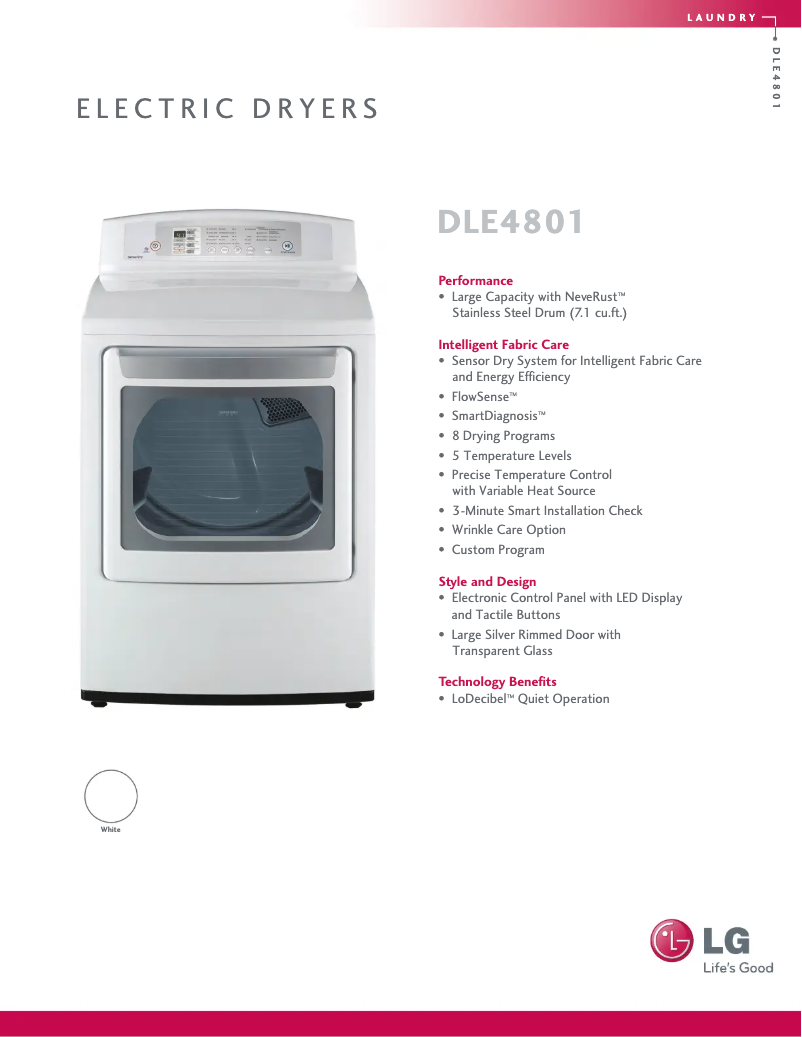 Page 1 de la notice Fiche technique LG DLE4801W