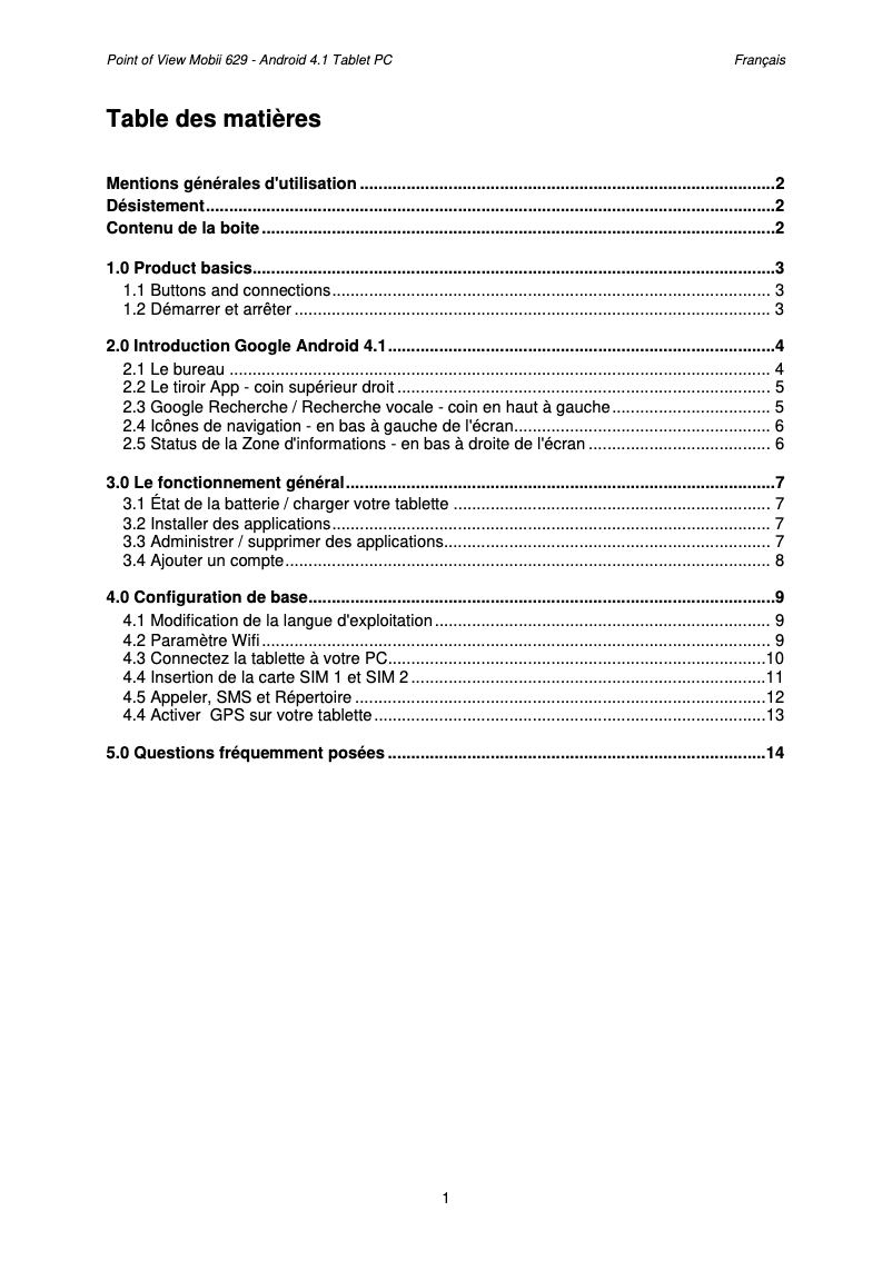 Page 1 de la notice Manuel utilisateur Point of View Mobii 629