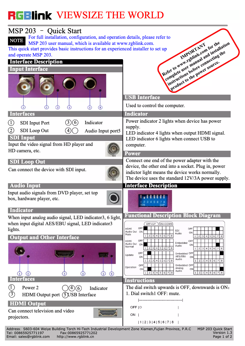 Page n°1 - Manuel utilisateur RGBlink MSP 203