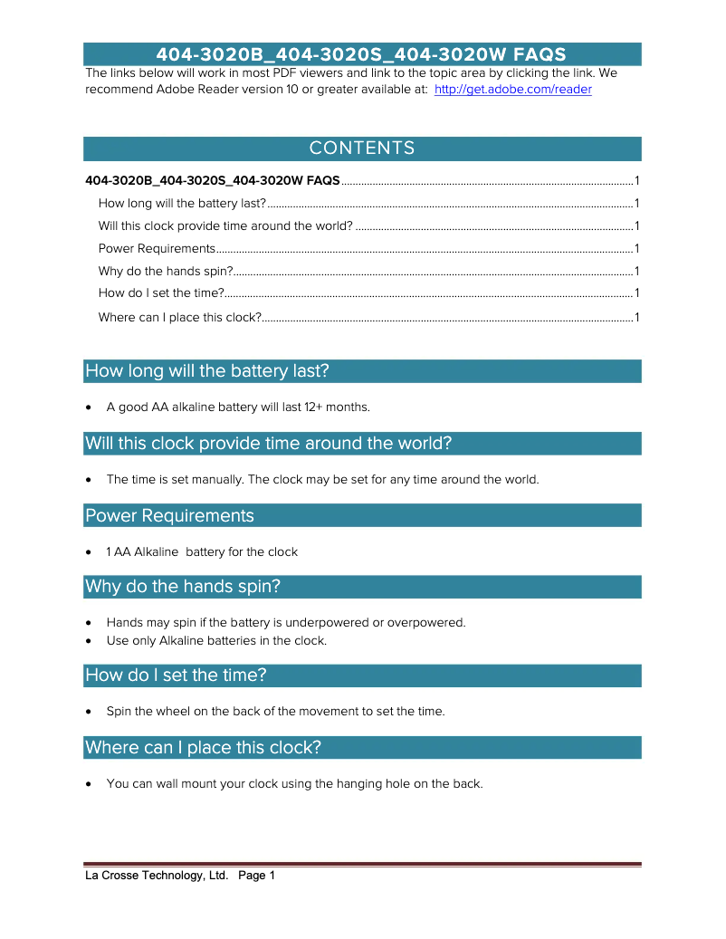 Page 1 de la notice FAQ La Crosse Technology 404-3020S