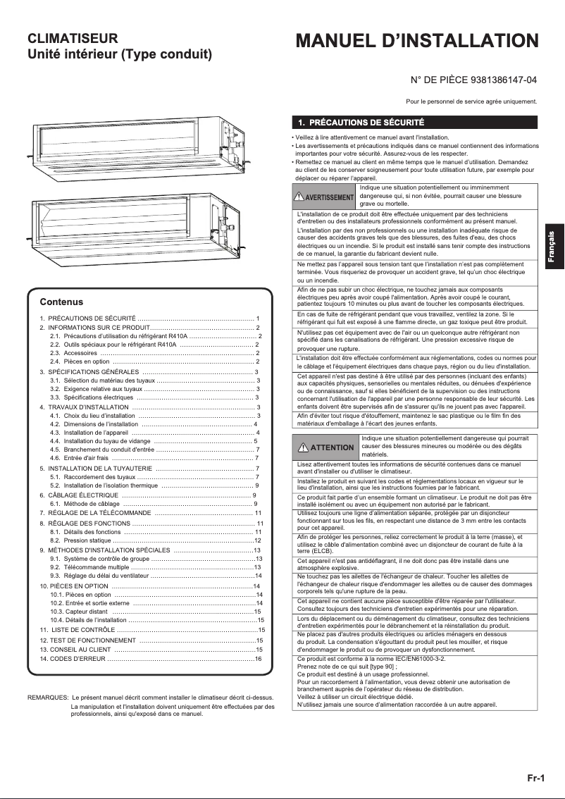 Page 1 de la notice Manuel utilisateur Fujitsu ARYG90LHTA
