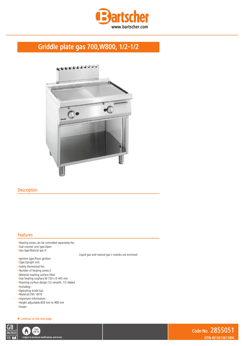 Page 1 de la notice Fiche technique Bartscher 2855051