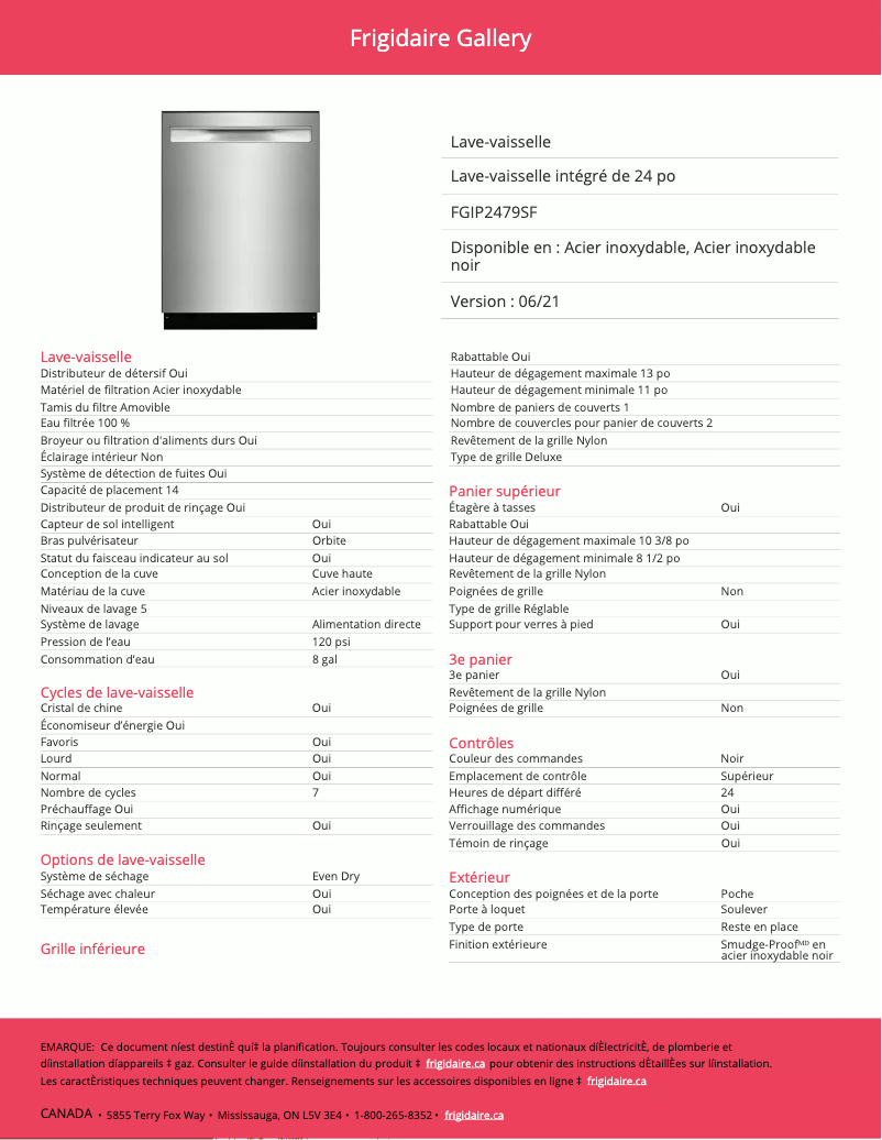 Page 1 de la notice Fiche technique Frigidaire FGIP2479SF
