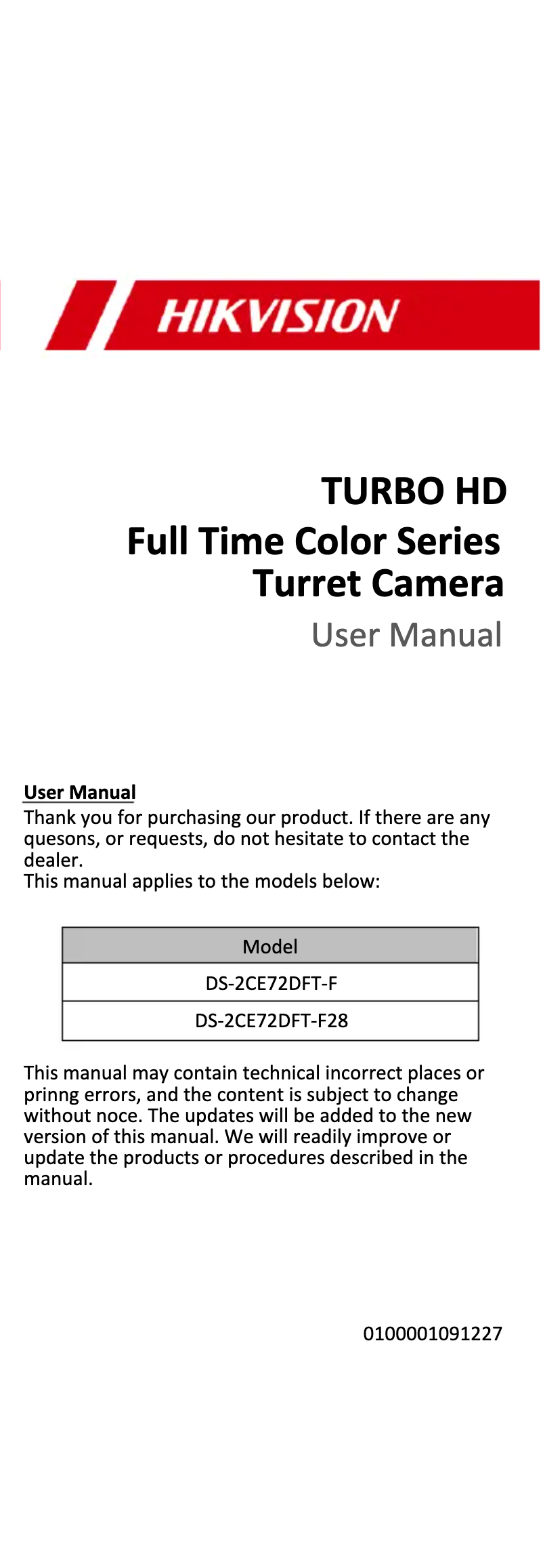Page 1 de la notice Manuel utilisateur Hikvision DS-2CE72DFT-F