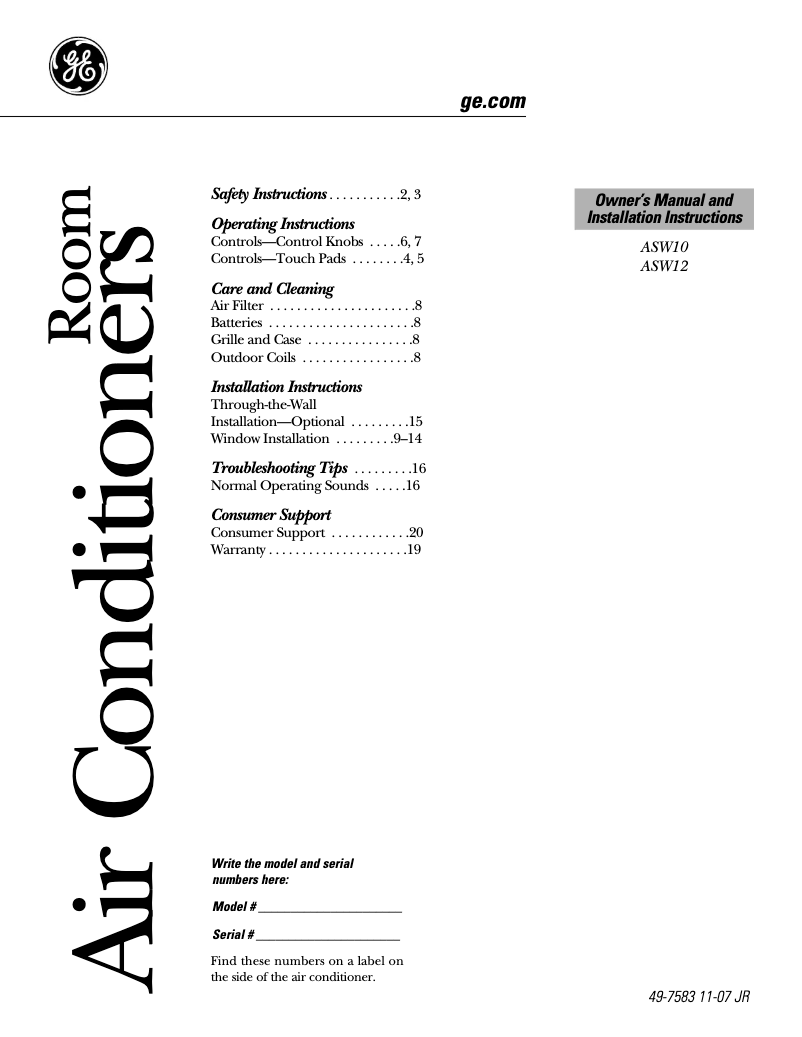 Imagen de la primera página del manual del dispositivo ASW12AL