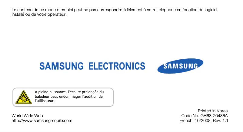 Page 1 de la notice Manuel utilisateur Samsung S3030