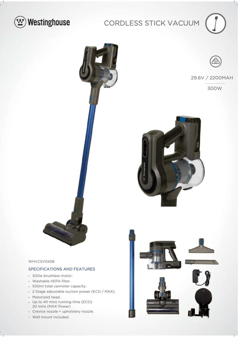 Page 1 de la notice Fiche technique Westinghouse WHVC04SB
