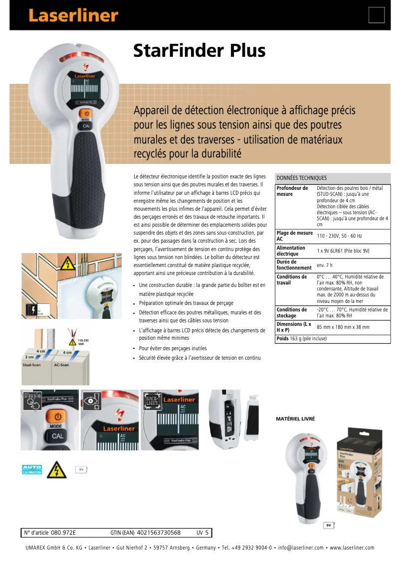 Page 1 de la notice Fiche technique Laserliner StarFinder Plus