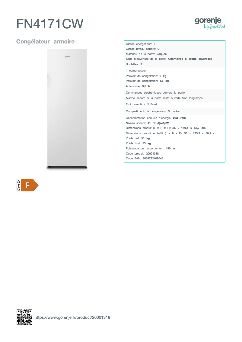 Page n°1 - Fiche technique Gorenje FN4171CW