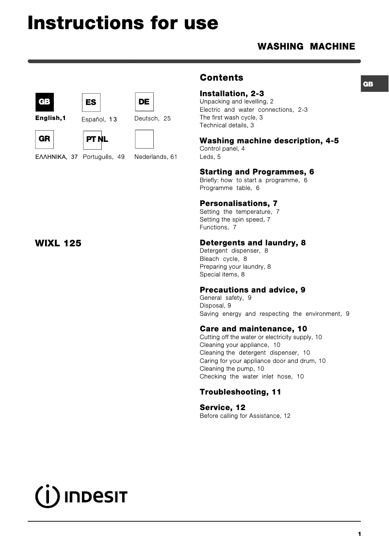 Page 1 de la notice Manuel utilisateur Indesit WIXL125