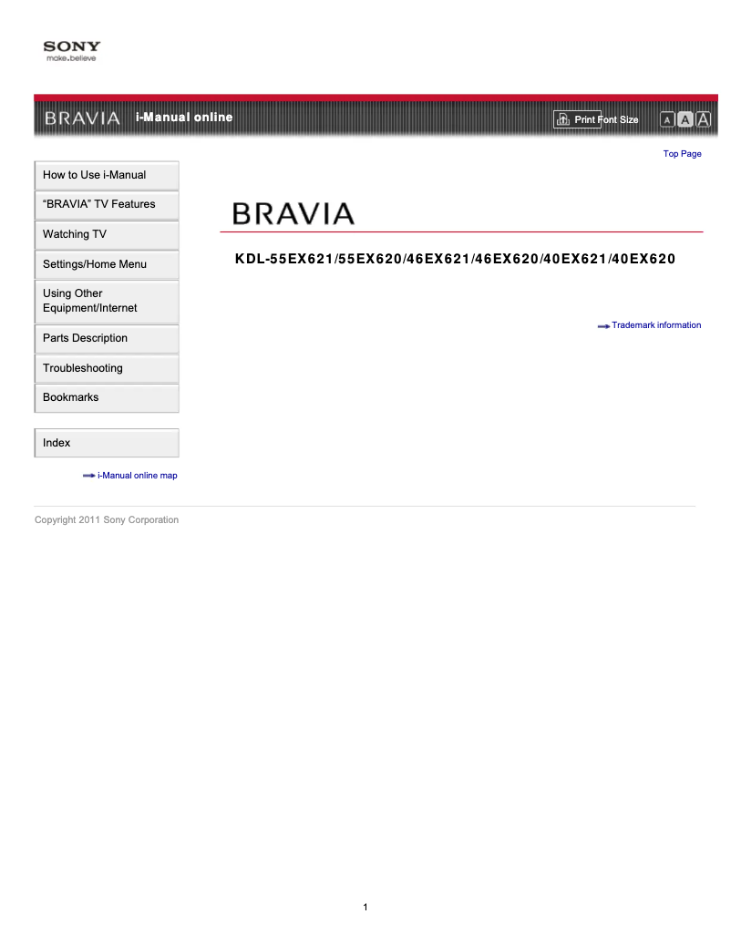 Page 1 de la notice Manuel utilisateur Sony Bravia KDL-40EX621