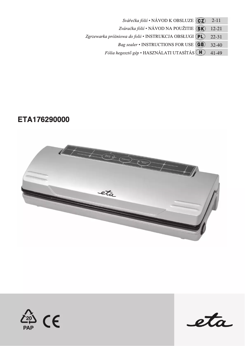 Page n°1 - Manuel utilisateur Eta 176290000