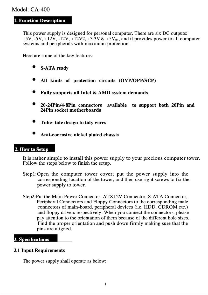 Page 1 de la notice Manuel utilisateur CoolMax CA-400