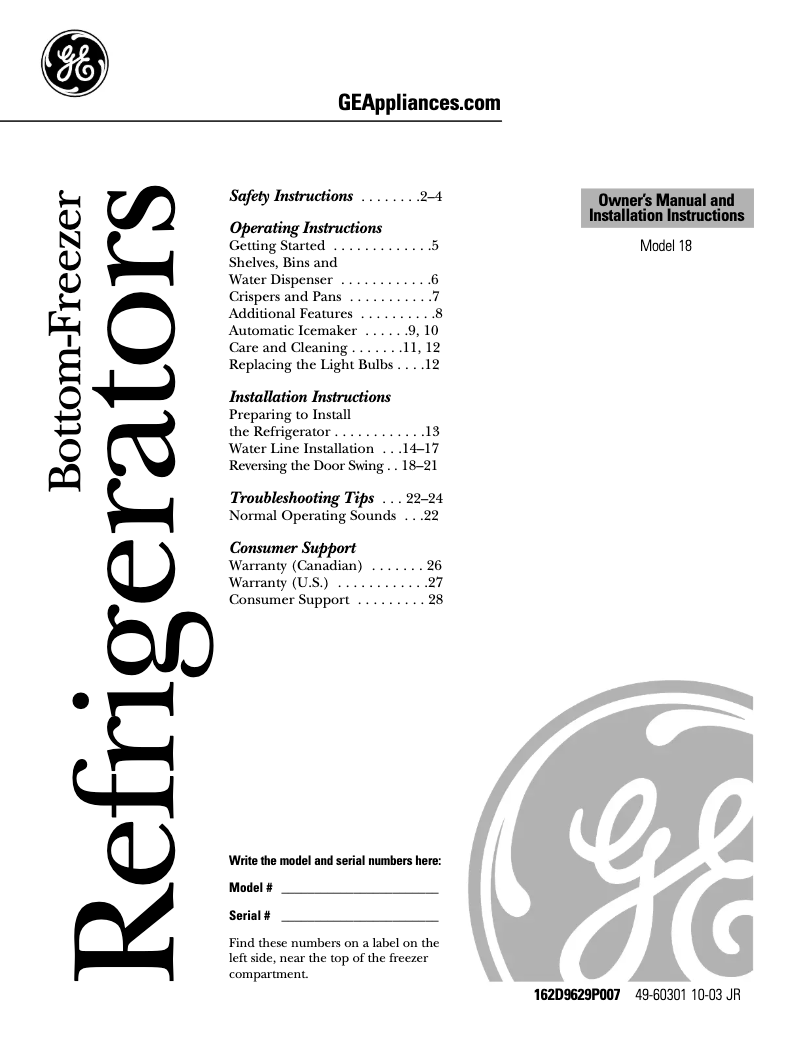 Page n°1 - Guide d'installation GE GDS18LBPCC