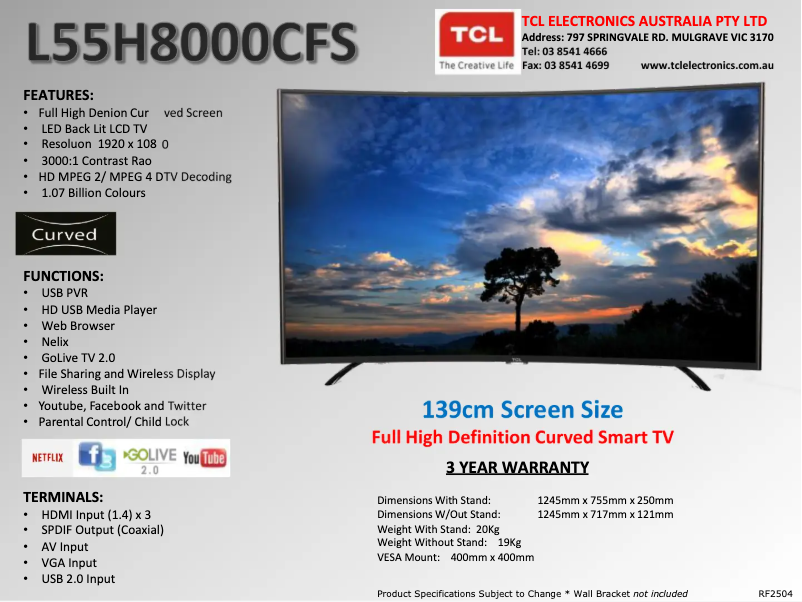 Page 1 de la notice Fiche technique TCL L55H8000CFS