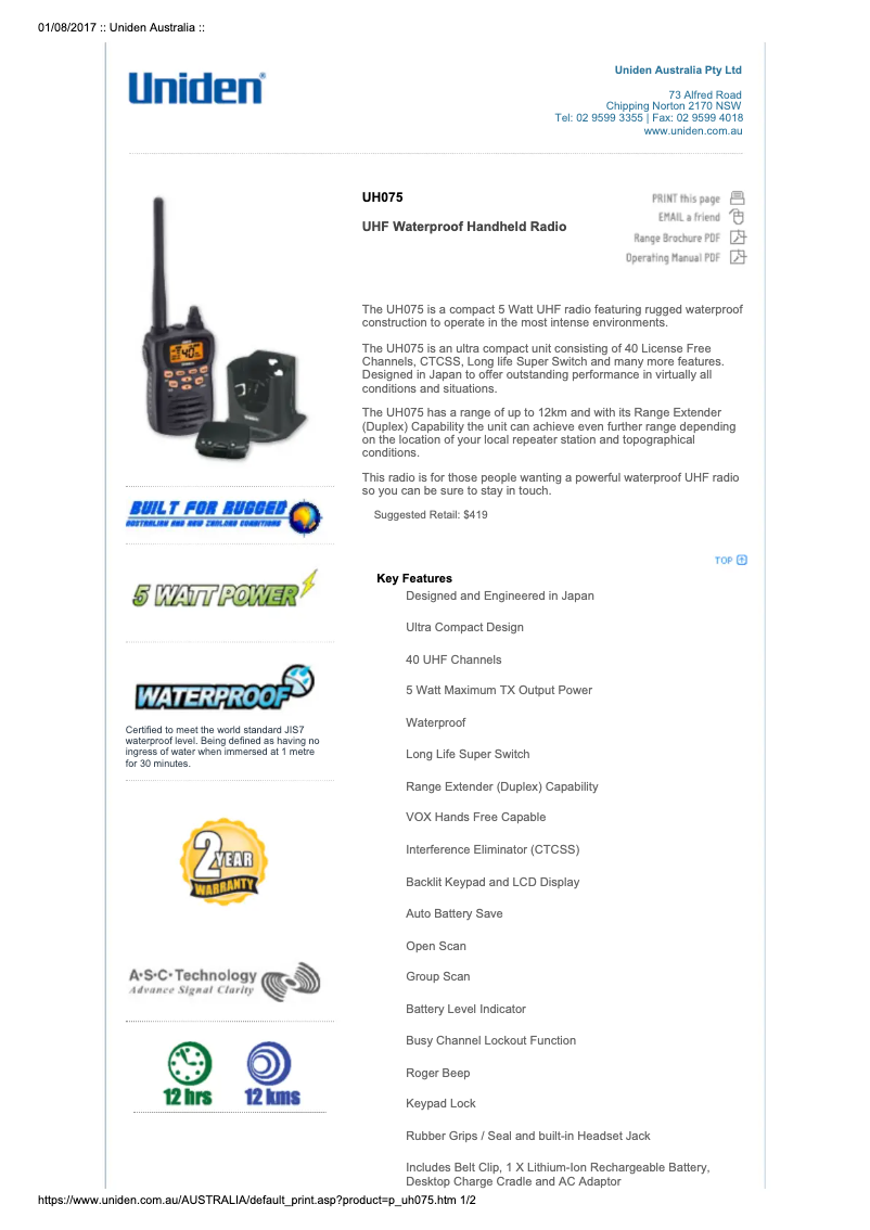 Image de la première page du manuel de l'appareil UH075