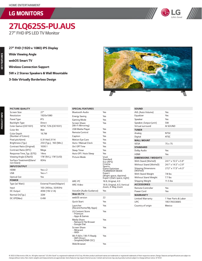 Page 1 de la notice Fiche technique LG 27LQ625S