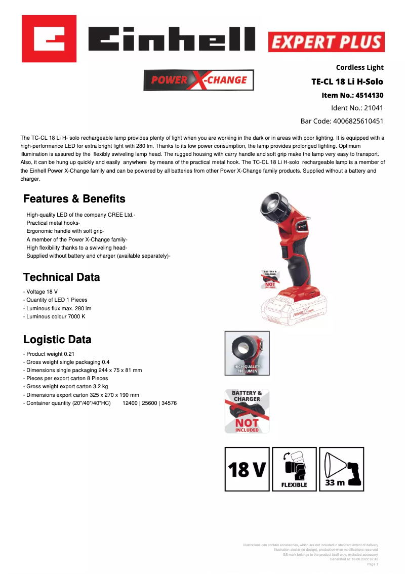 Page 1 de la notice Fiche technique Einhell TC-CL 18 Li H - Solo