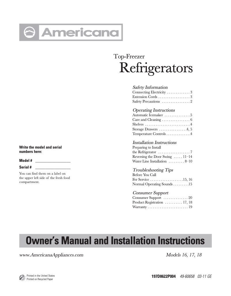 Page n°1 - Manuel utilisateur Americana A3316ABSWW